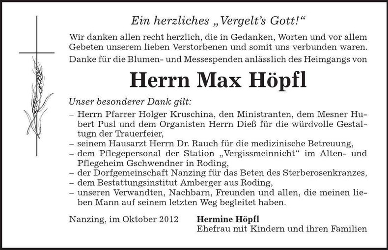 Traueranzeige Max Höpfl