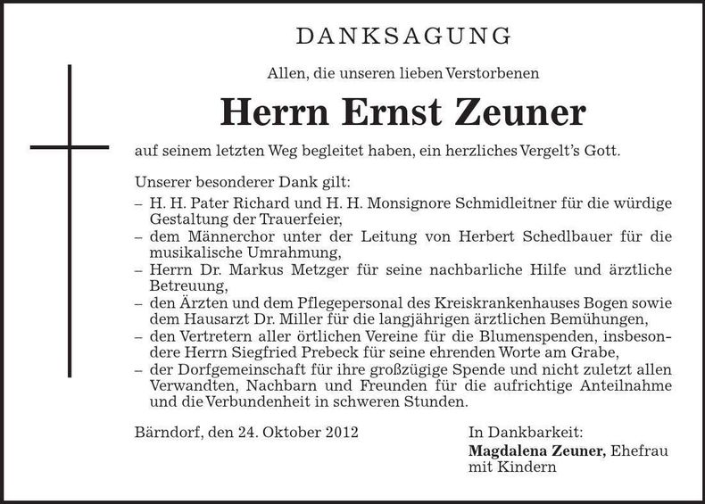Traueranzeige Ernst Zeuner
