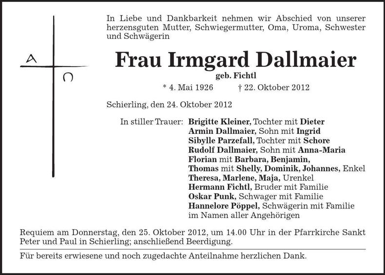 Traueranzeige Irmgard Dallmaier