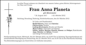 Traueranzeige Anna Planeta