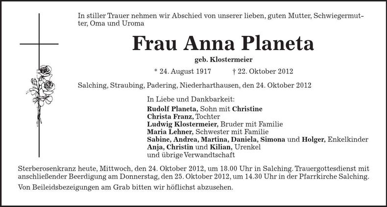 Traueranzeige Anna Planeta