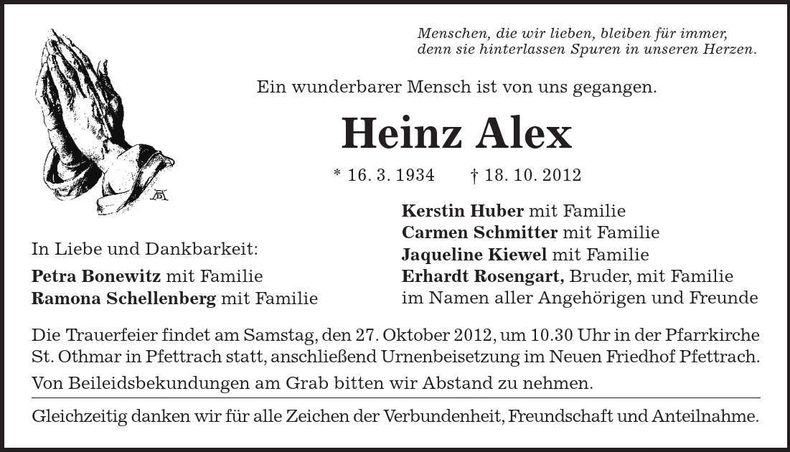Traueranzeige Heinz Alex