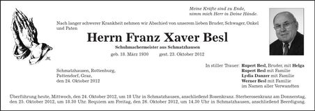 Traueranzeige Franz Xaver Besl