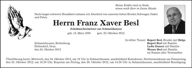 Traueranzeige Franz Xaver Besl