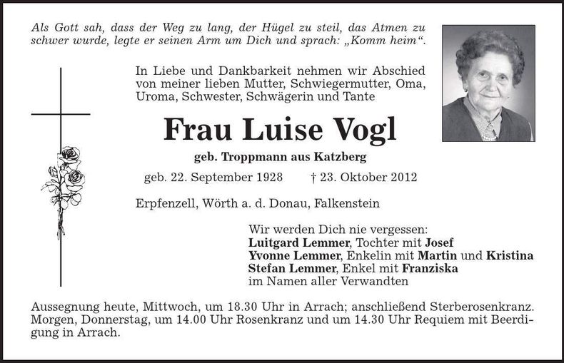 Traueranzeige Luise Vogl