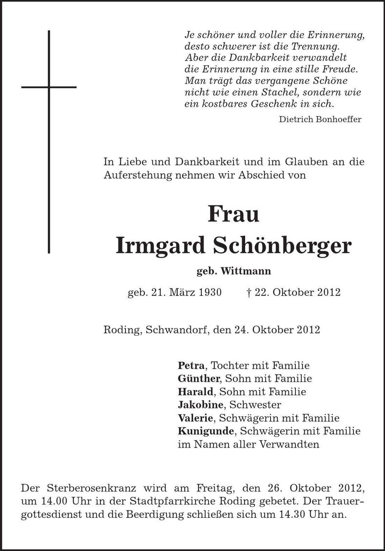 Traueranzeige Irmgard Schönberger