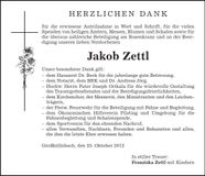 Traueranzeige Jakob Zettl