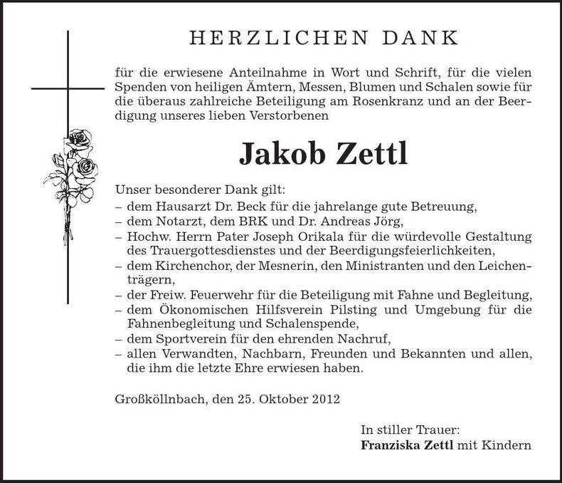 Traueranzeige Jakob Zettl