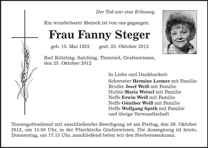 Traueranzeige Fanny Steger