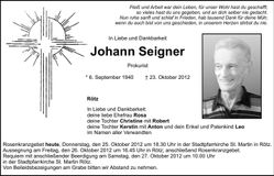 Traueranzeige Johann Seigner