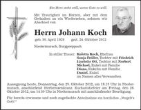 Traueranzeige Johann Koch