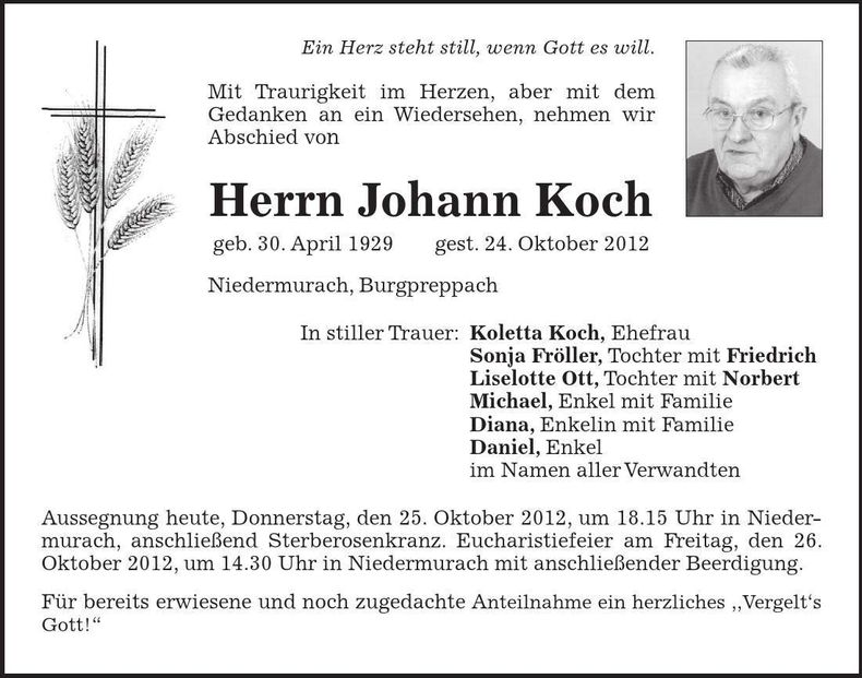 Traueranzeige Johann Koch