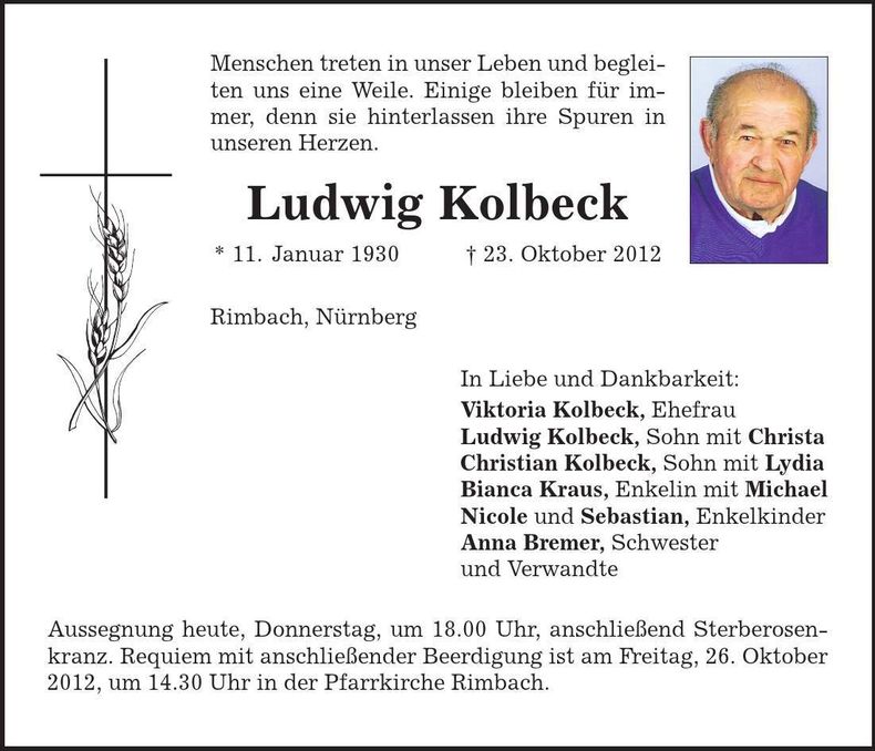 Traueranzeige Ludwig Kolbeck