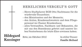 Traueranzeige Hildegard Kussinger