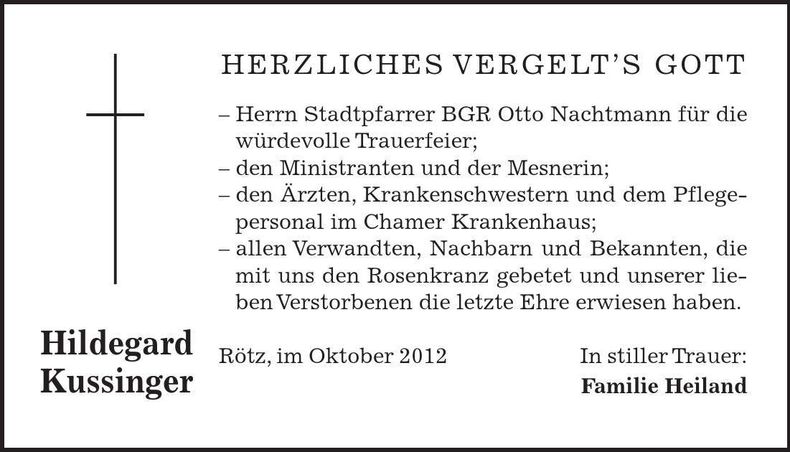 Traueranzeige Hildegard Kussinger