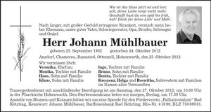 Traueranzeige Johann Mühlbauer