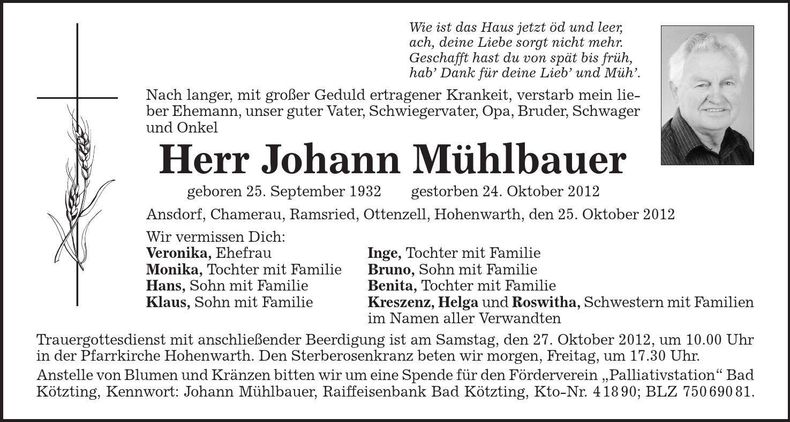 Traueranzeige Johann Mühlbauer