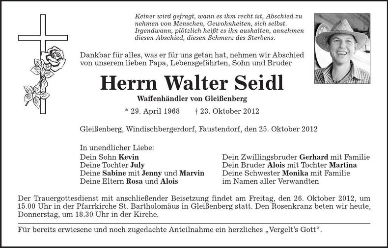 Traueranzeige Walter Seidl