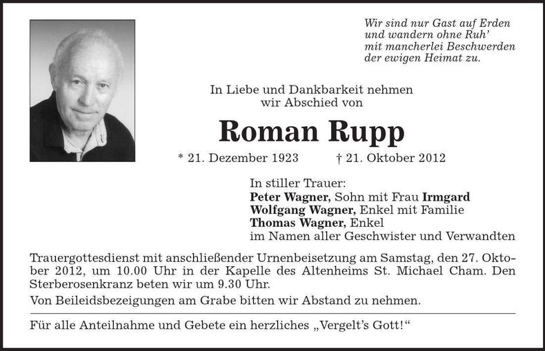 Traueranzeige Roman Rupp