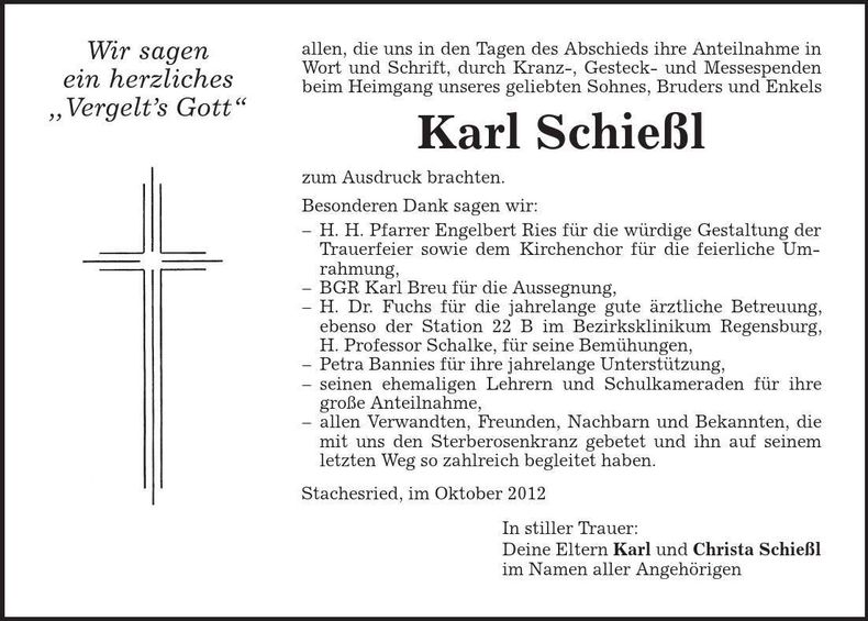 Traueranzeige Karl Schießl