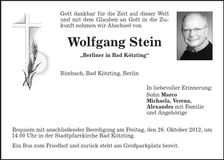 Traueranzeige Wolfgang Stein