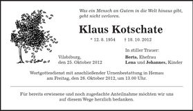 Traueranzeige Klaus Kotschate