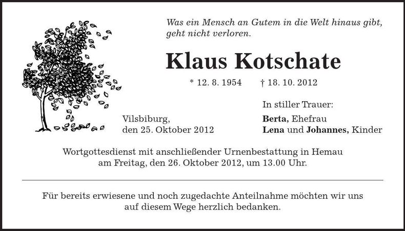 Traueranzeige Klaus Kotschate