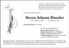 Traueranzeige Johann Hausler
