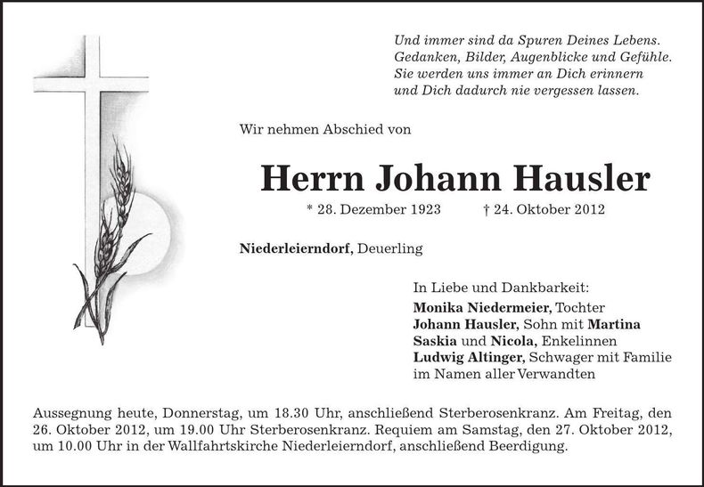 Traueranzeige Johann Hausler