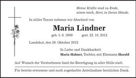Traueranzeige Maria Lindner