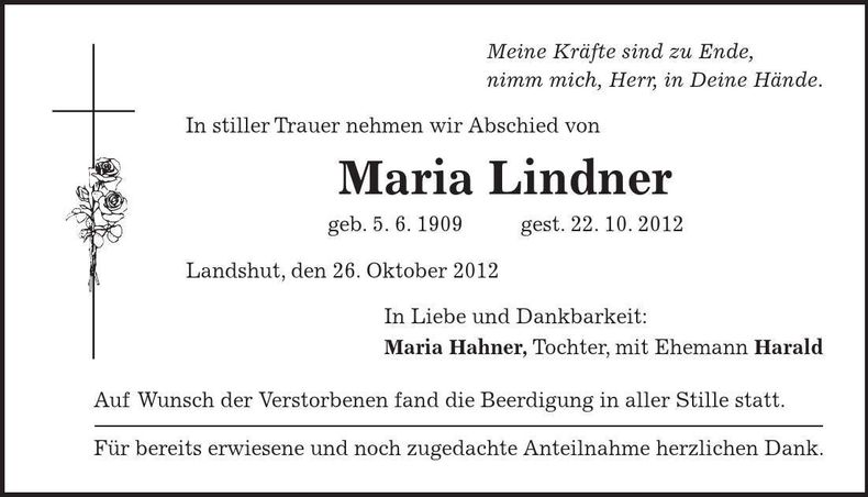 Traueranzeige Maria Lindner
