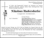 Traueranzeige Nikolaus Hadersdorfer