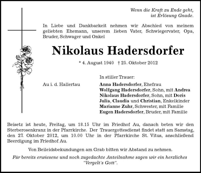 Traueranzeige Nikolaus Hadersdorfer