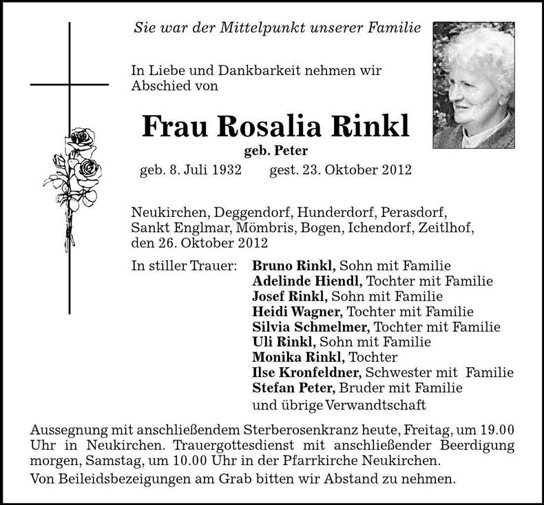 Traueranzeige Rosalia Rinkl