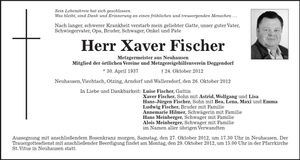 Traueranzeige Xaver Fischer