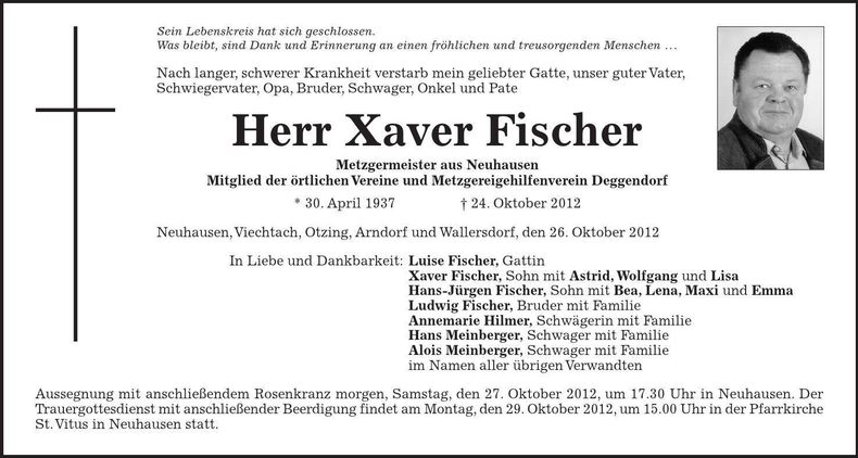 Traueranzeige Xaver Fischer