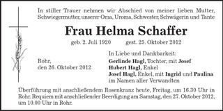 Traueranzeige Helma Schaffer