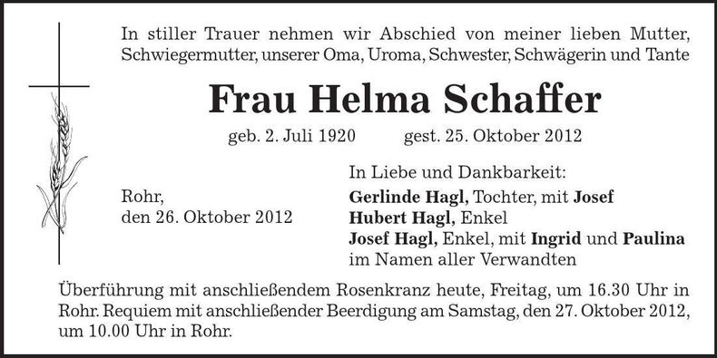 Traueranzeige Helma Schaffer