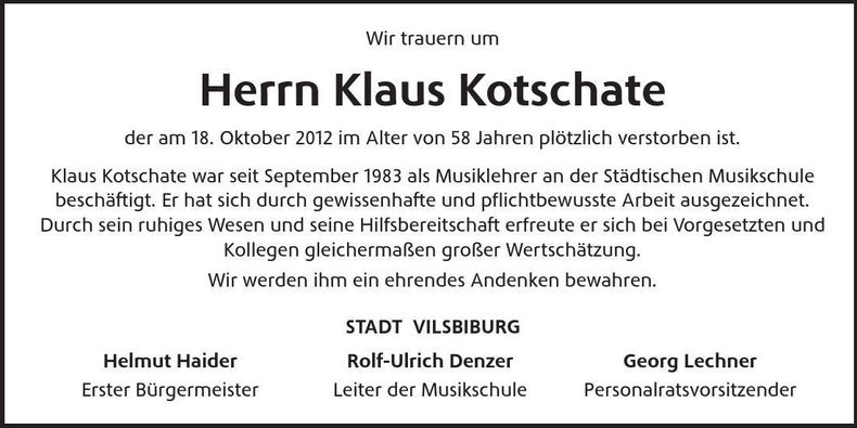 Traueranzeige Klaus Kotschate