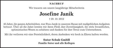 Traueranzeige Josefine Janik