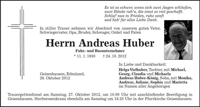 Traueranzeige Andreas Huber