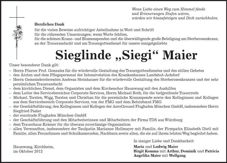 Traueranzeige Sieglinde Maier