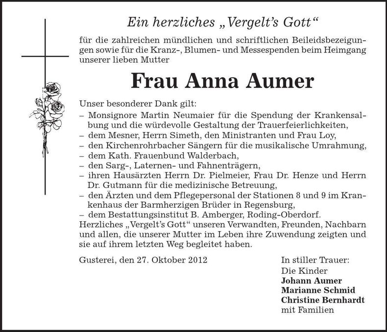 Traueranzeige Anna Aumer