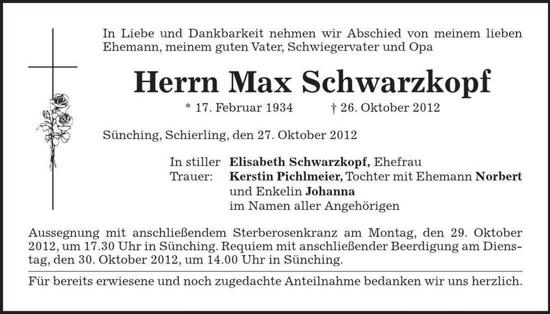 Traueranzeige Max Schwarzkopf