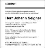 Traueranzeige Johann Seigner