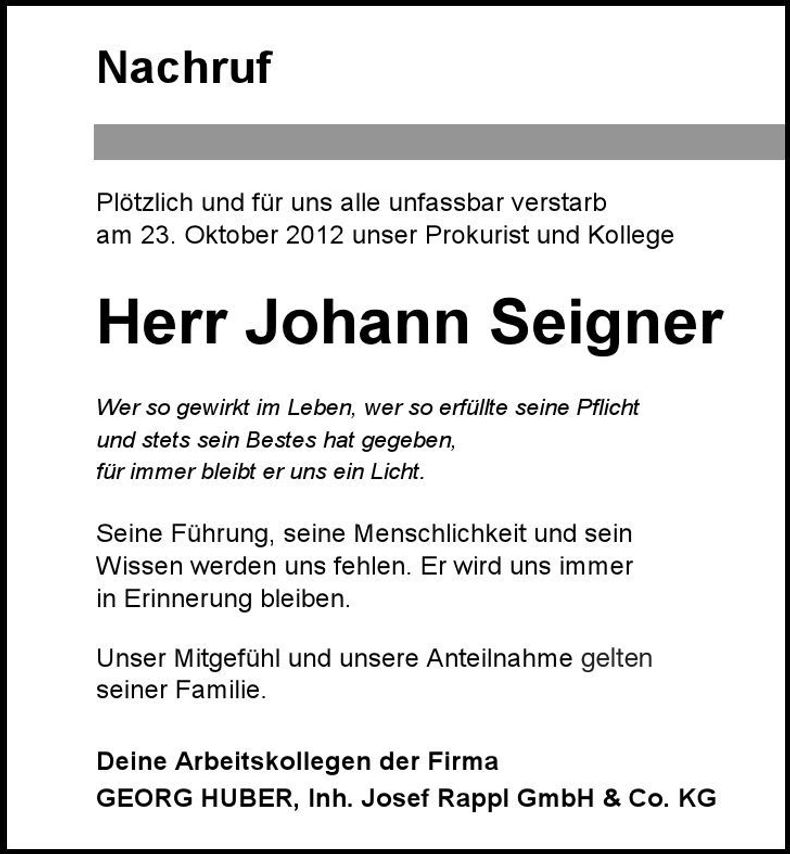 Traueranzeige Johann Seigner