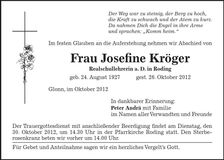 Traueranzeige Josefine Kröger