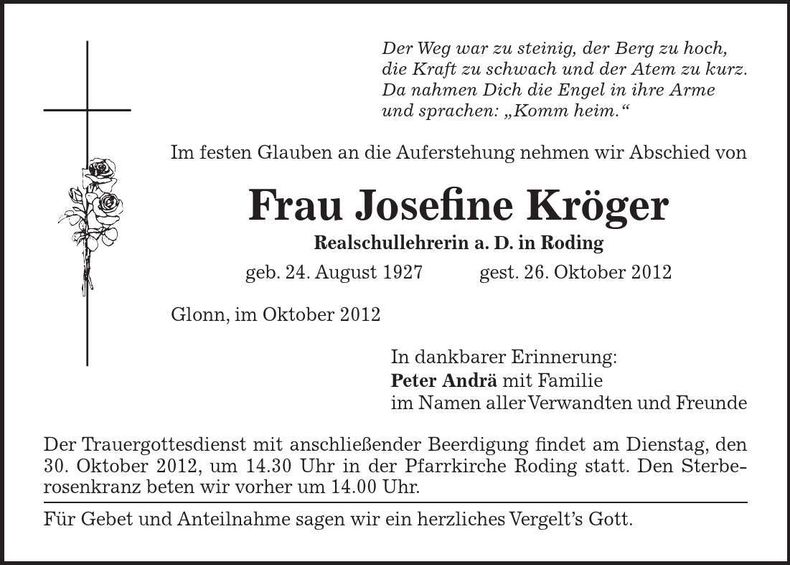 Traueranzeige Josefine Kröger
