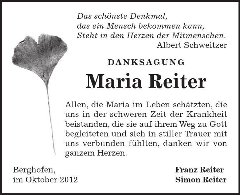 Traueranzeige Maria Reiter