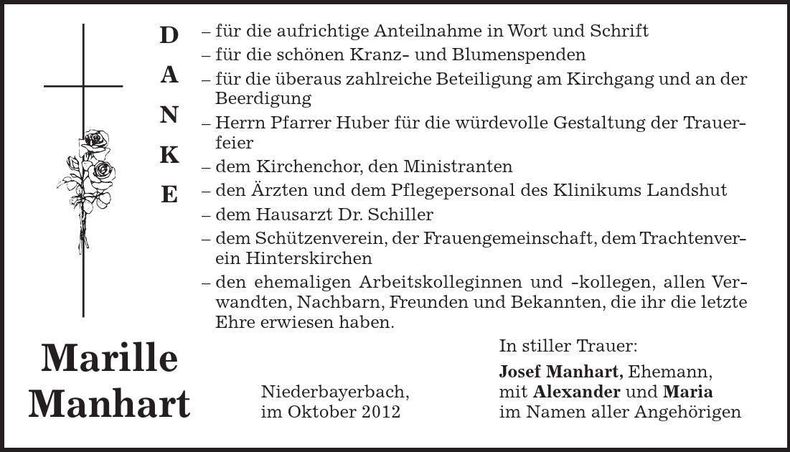 Traueranzeige Marille Manhart